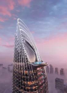 Binghatti Skyblade by Binghatti illuminated architectural crown with elevated sky pool and sculptural facade design above the Dubai skyline - Presented by Tohid Fetrat