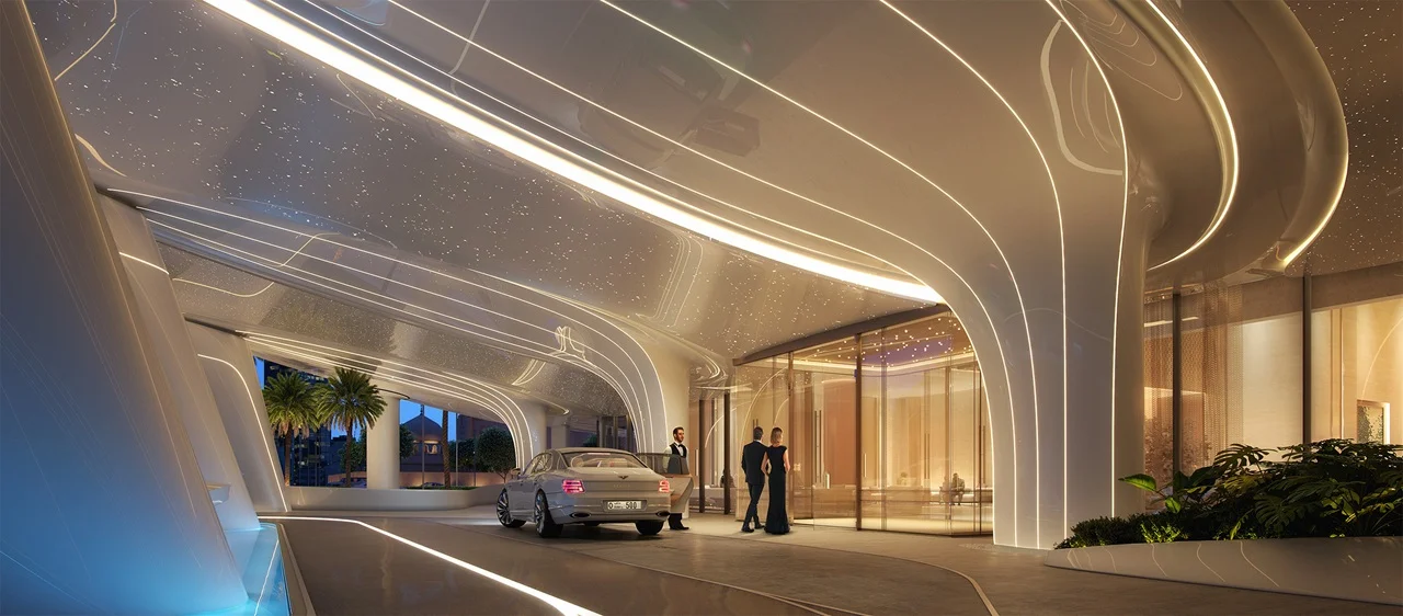 Binghatti Skyblade by Binghatti luxury arrival lobby with illuminated architectural curves valet drop off area and premium entrance design in Dubai - Presented by Tohid Fetrat