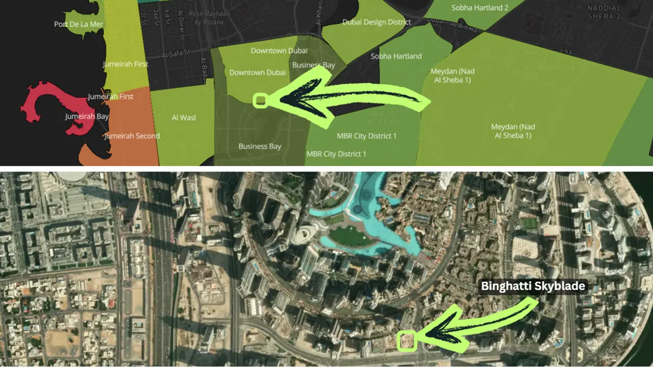 Binghatti Skyblade by Binghatti location map highlighting the tower position within Downtown Dubai near Burj Khalifa and Business Bay in Dubai - Presented by Tohid Fetrat