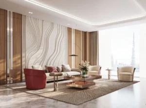 Binghatti Skyblade by Binghatti luxury living room with contemporary furnishings elegant wall detailing and Burj Khalifa views in Dubai - Presented by Tohid Fetrat