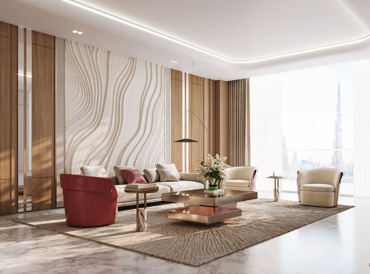 Binghatti Skyblade by Binghatti luxury living room with contemporary furnishings elegant wall detailing and Burj Khalifa views in Dubai - Presented by Tohid Fetrat
