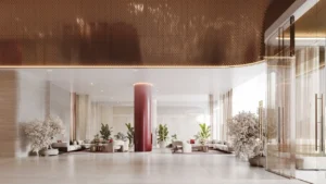Binghatti Skyblade by Binghatti luxury lobby interior with contemporary seating elegant finishes and refined hospitality design in Dubai - Presented by Tohid Fetrat