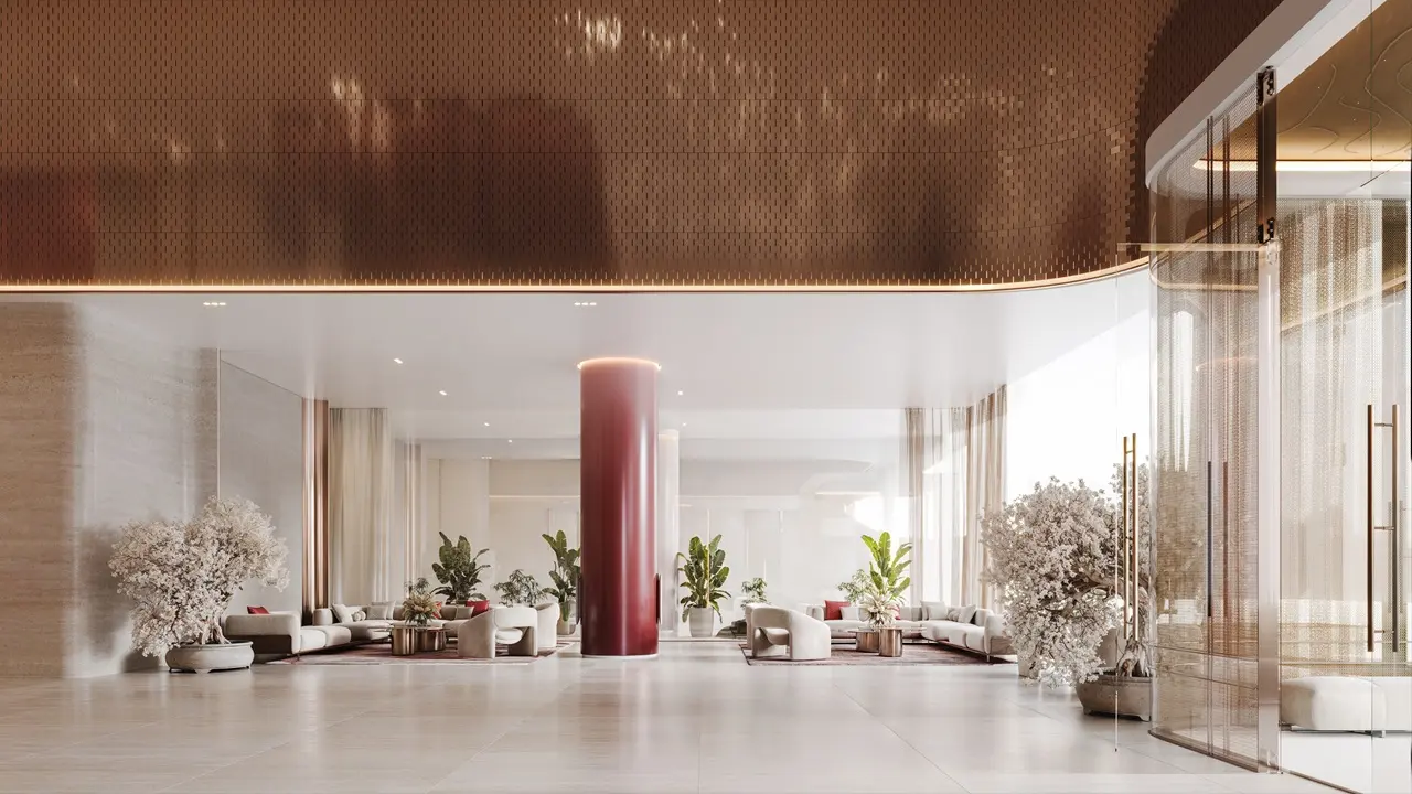 Binghatti Skyblade by Binghatti luxury lobby interior with contemporary seating elegant finishes and refined hospitality design in Dubai - Presented by Tohid Fetrat