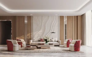 Binghatti Skyblade by Binghatti luxury lounge interior with designer furnishings sculpted wall features and elegant contemporary living spaces in Dubai - Presented by Tohid Fetrat