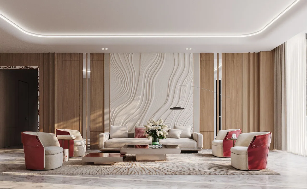 Binghatti Skyblade by Binghatti luxury lounge interior with designer furnishings sculpted wall features and elegant contemporary living spaces in Dubai - Presented by Tohid Fetrat