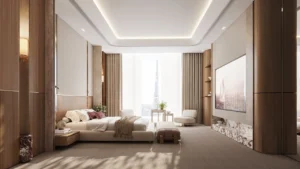 Binghatti Skyblade by Binghatti luxury master bedroom with elegant furnishings premium finishes and Burj Khalifa views in Dubai - Presented by Tohid Fetrat
