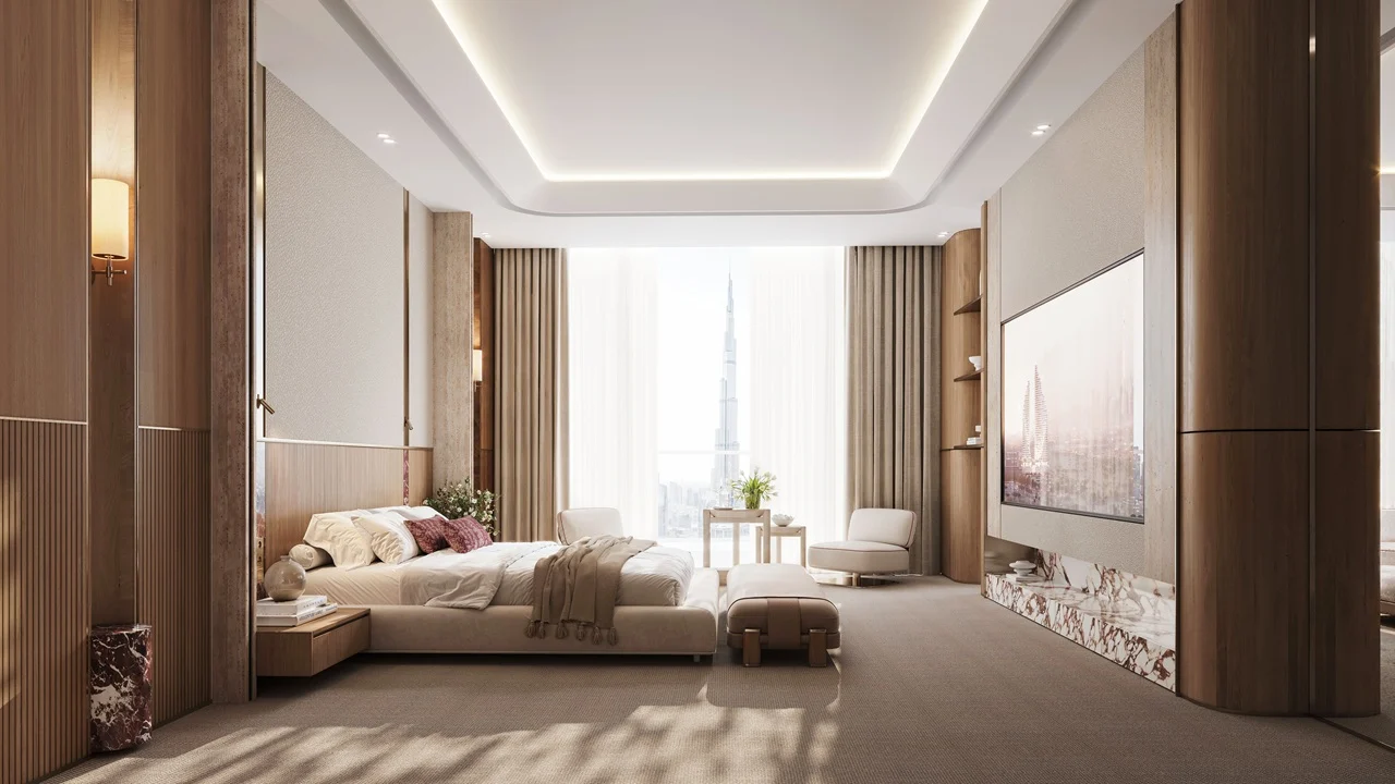Binghatti Skyblade by Binghatti luxury master bedroom with elegant furnishings premium finishes and Burj Khalifa views in Dubai - Presented by Tohid Fetrat