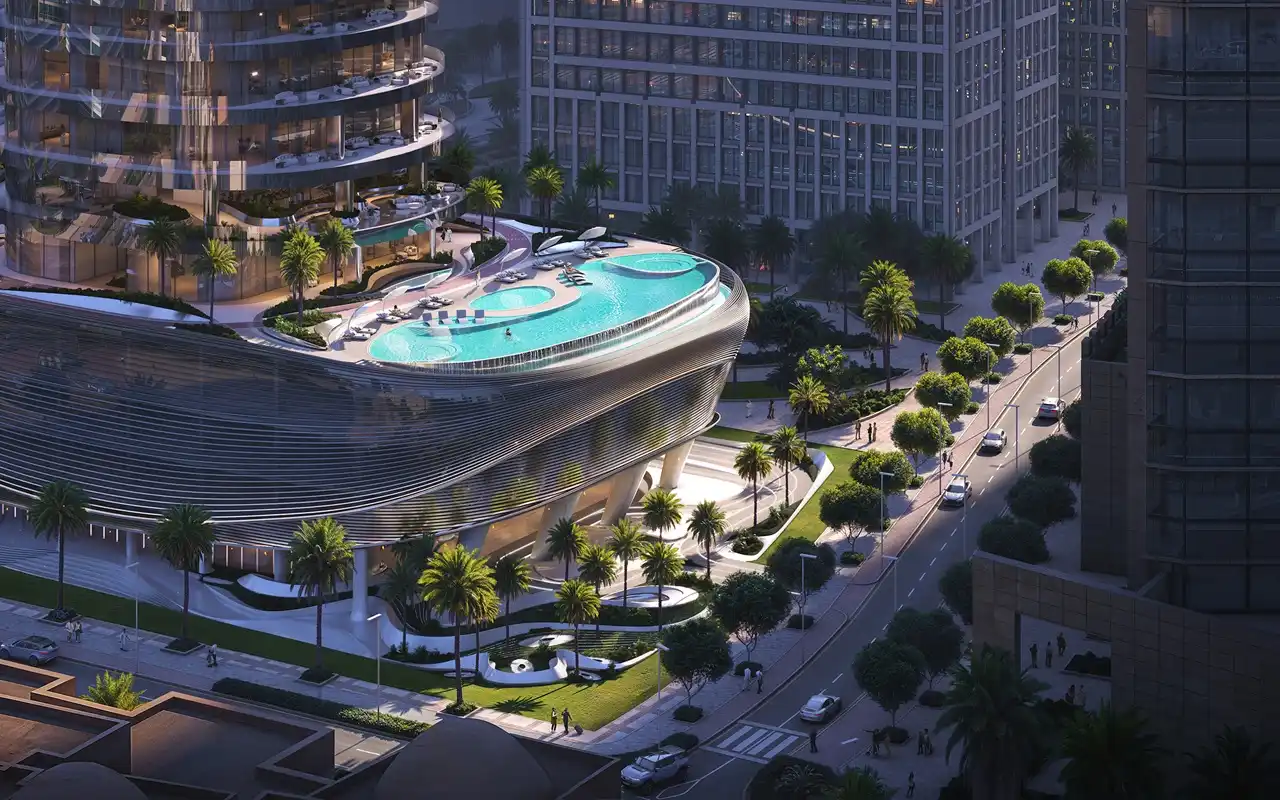 Binghatti Skyblade by Binghatti podium infinity pool with landscaped leisure deck luxury amenities and modern architectural design in Dubai - Presented by Tohid Fetrat