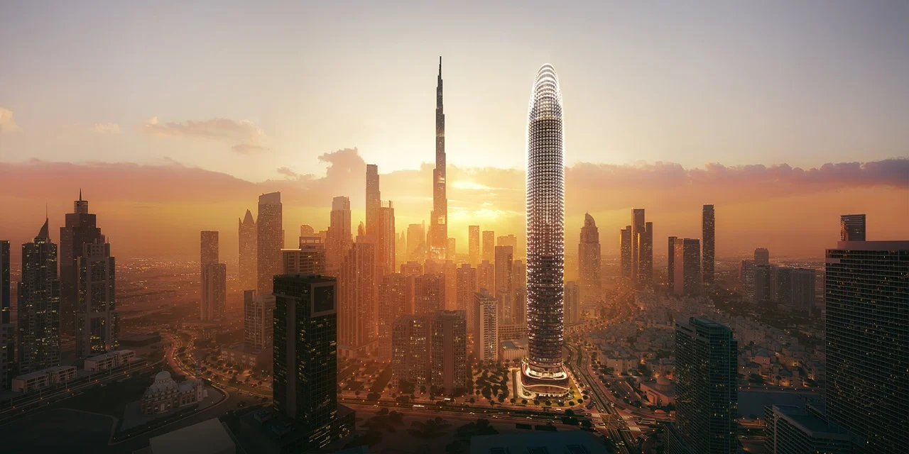 Binghatti Skyblade by Binghatti residential tower rising above the Downtown Dubai skyline during sunset with Burj Khalifa views in Dubai - Presented by Tohid Fetrat
