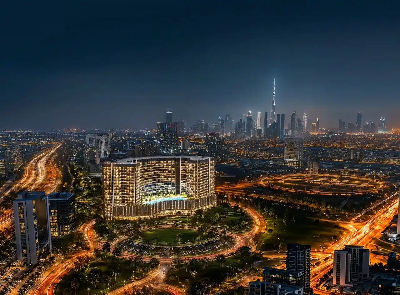 Binghatti Wraith at Al Jaddaf by Binghatti illuminated residential tower with Dubai skyline and Burj Khalifa night view in Dubai - Presented by Tohid Fetrat