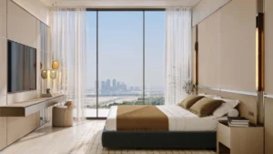 Binghatti Wraith at Al Jaddaf by Binghatti contemporary bedroom interior with floor to ceiling windows and Dubai skyline views in Dubai - Presented by Tohid Fetrat