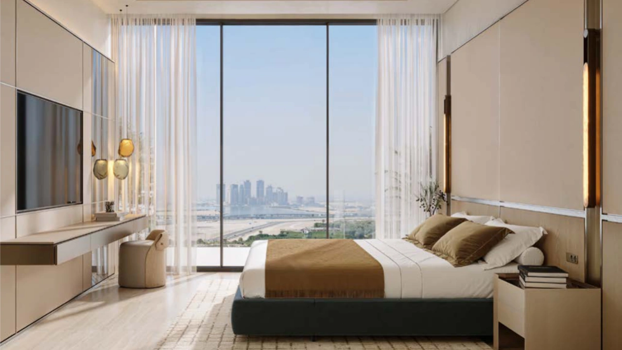 Binghatti Wraith at Al Jaddaf by Binghatti contemporary bedroom interior with floor to ceiling windows and Dubai skyline views in Dubai - Presented by Tohid Fetrat