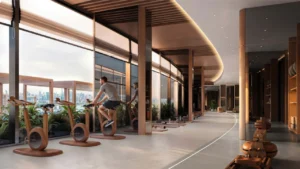 Binghatti Wraith at Al Jaddaf by Binghatti luxury fitness center with panoramic windows, premium exercise equipment and Dubai skyline views in Dubai - Presented by Tohid Fetrat
