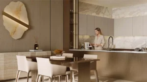 Binghatti Wraith at Al Jaddaf by Binghatti contemporary kitchen and dining area with premium finishes, marble accents and elegant cabinetry in Dubai - Presented by Tohid Fetrat