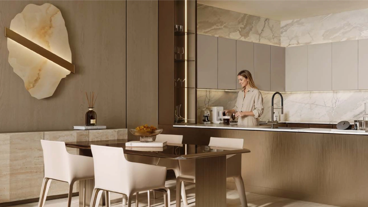 Binghatti Wraith at Al Jaddaf by Binghatti contemporary kitchen and dining area with premium finishes, marble accents and elegant cabinetry in Dubai - Presented by Tohid Fetrat