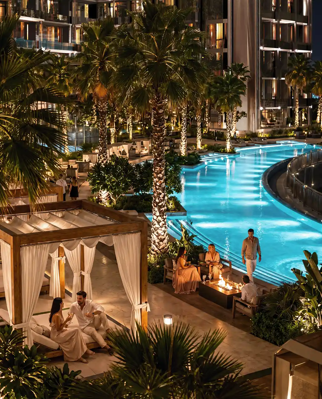 Binghatti Wraith at Al Jaddaf by Binghatti lagoon style swimming pool with luxury cabanas, landscaped gardens and resort inspired amenities in Dubai - Presented by Tohid Fetrat