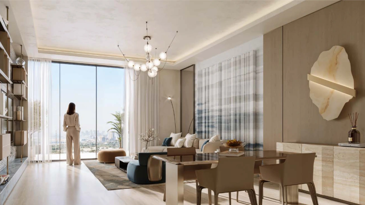 Binghatti Wraith at Al Jaddaf by Binghatti open plan living and dining area with floor to ceiling windows and panoramic city views in Dubai - Presented by Tohid Fetrat