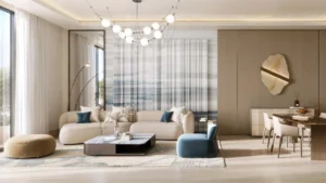 Binghatti Wraith at Al Jaddaf by Binghatti contemporary living and dining area with elegant furnishings and floor to ceiling windows in Dubai - Presented by Tohid Fetrat