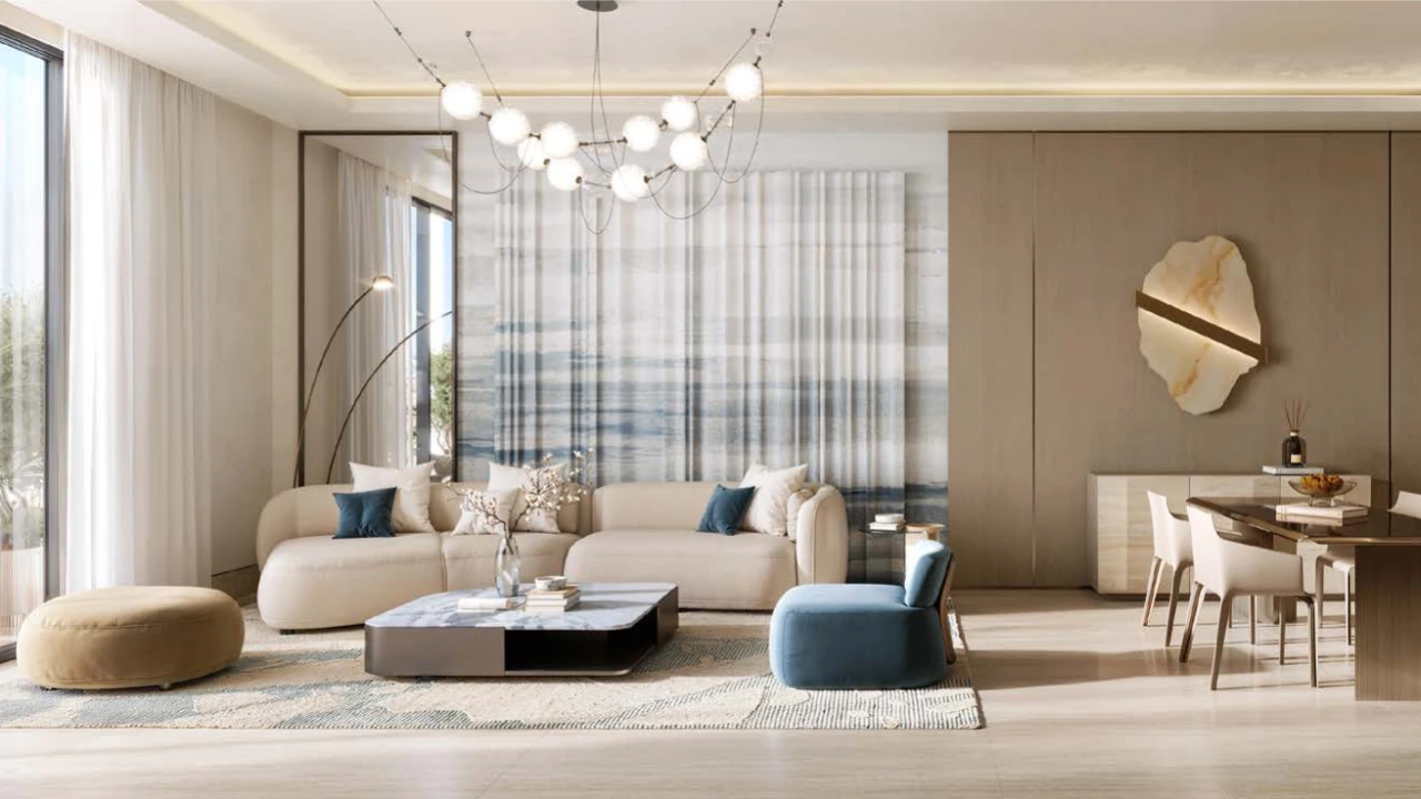 Binghatti Wraith at Al Jaddaf by Binghatti contemporary living and dining area with elegant furnishings and floor to ceiling windows in Dubai - Presented by Tohid Fetrat