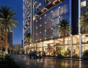 Binghatti Wraith at Al Jaddaf by Binghatti luxury lobby entrance with illuminated façade, palm lined boulevard and premium arrival experience in Dubai - Presented by Tohid Fetrat