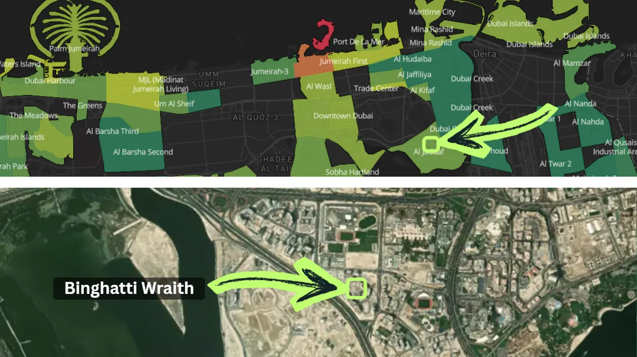 Binghatti Wraith at Al Jaddaf by Binghatti location map highlighting the project position within Al Jaddaf and central Dubai in Dubai - Presented by Tohid Fetrat