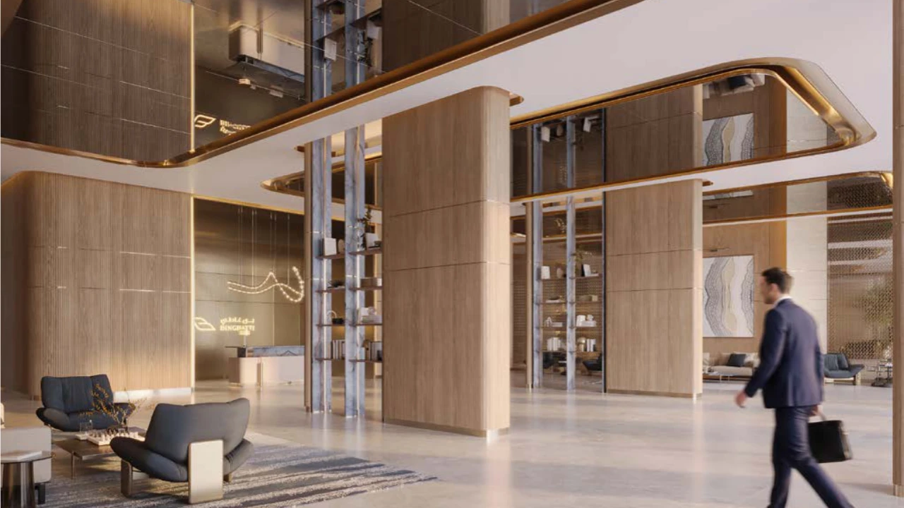 Binghatti Wraith at Al Jaddaf by Binghatti luxury double height lobby with contemporary design, elegant seating areas and premium finishes in Dubai - Presented by Tohid Fetrat