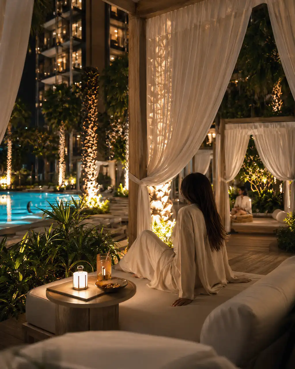 Binghatti Wraith at Al Jaddaf by Binghatti private poolside cabana with ambient lighting and luxury resort atmosphere at night in Dubai - Presented by Tohid Fetrat