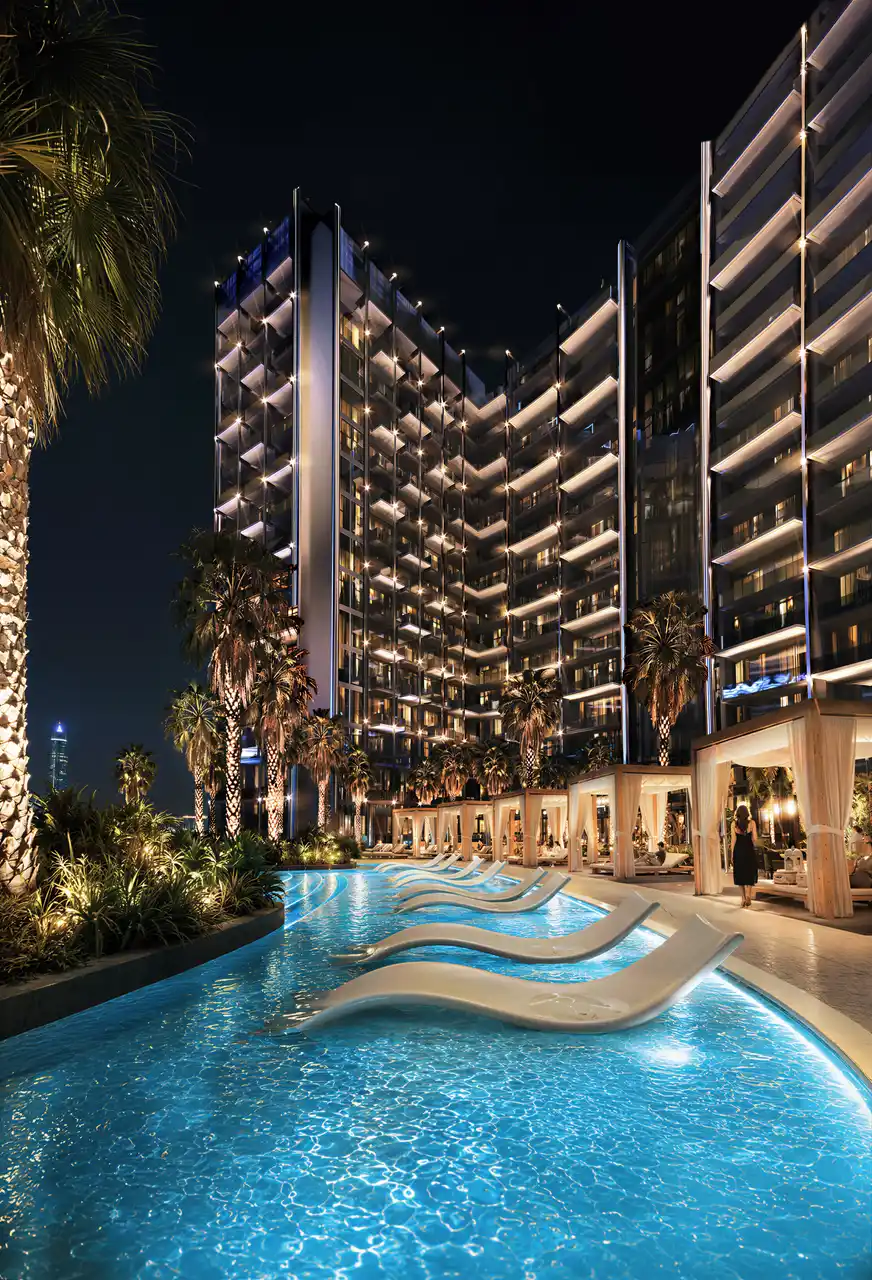 Binghatti Wraith at Al Jaddaf by Binghatti resort style swimming pool with in water loungers, private cabanas and illuminated residential façade in Dubai - Presented by Tohid Fetrat