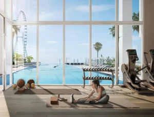 Bluewaters Bay at Bluewaters Island by Meraas fitness center overlooking the infinity pool and waterfront in Dubai Presented by Tohid Fetrat