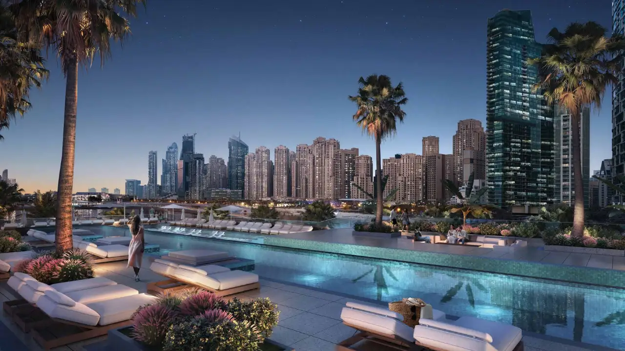 Bluewaters Bay at Bluewaters Island by Meraas infinity pool deck with skyline views and luxury outdoor seating in Dubai Presented by Tohid Fetrat