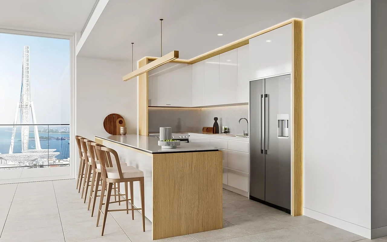 Bluewaters Bay at Bluewaters Island by Meraas contemporary kitchen with island seating and Ain Dubai views in Dubai Presented by Tohid Fetrat