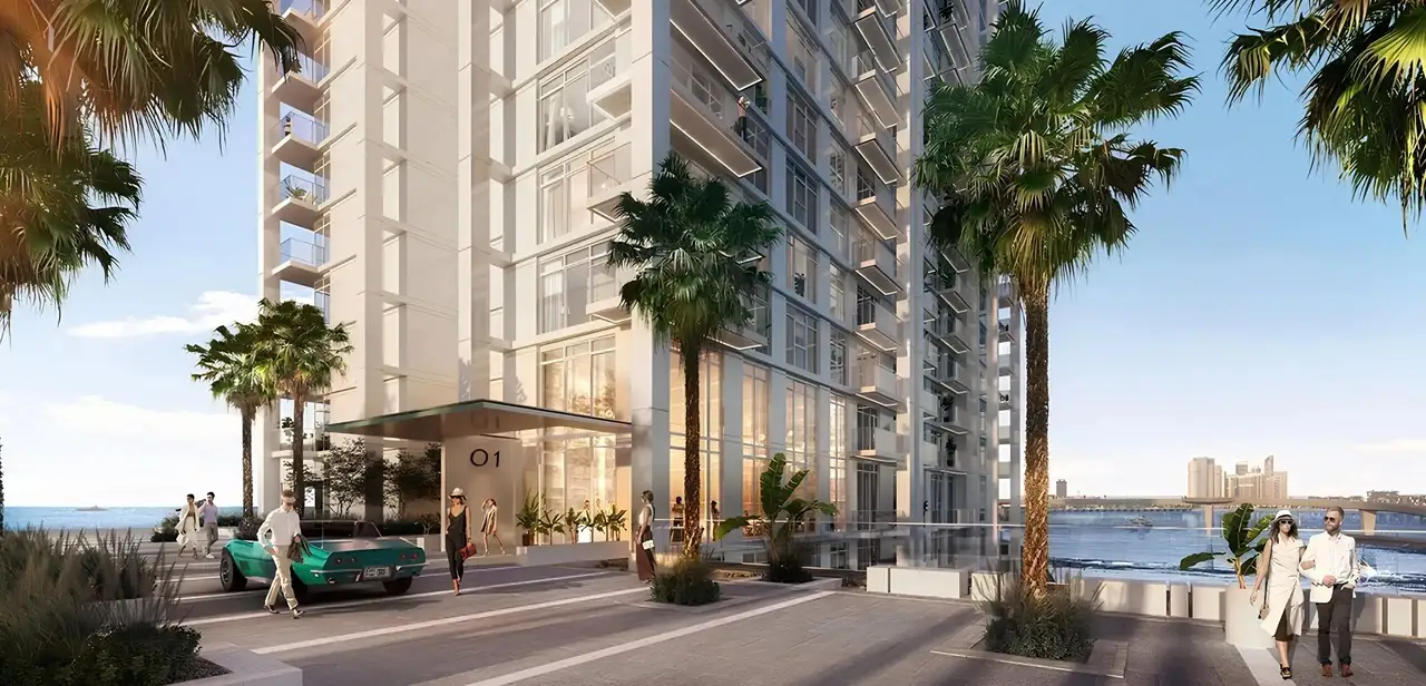 Bluewaters Bay at Bluewaters Island by Meraas residential entrance with waterfront surroundings and contemporary architecture in Dubai Presented by Tohid Fetrat