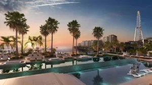 Bluewaters Bay at Bluewaters Island by Meraas sunset infinity pool overlooking the waterfront with Ain Dubai views in Dubai Presented by Tohid Fetrat