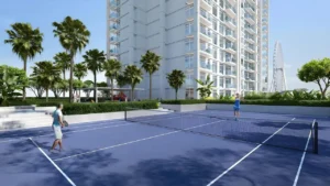 Bluewaters Bay at Bluewaters Island by Meraas outdoor tennis court surrounded by landscaped gardens and residential towers in Dubai Presented by Tohid Fetrat