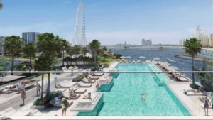 Bluewaters Bay at Bluewaters Island by Meraas waterfront swimming pool with Ain Dubai views and resort style leisure spaces in Dubai Presented by Tohid Fetrat