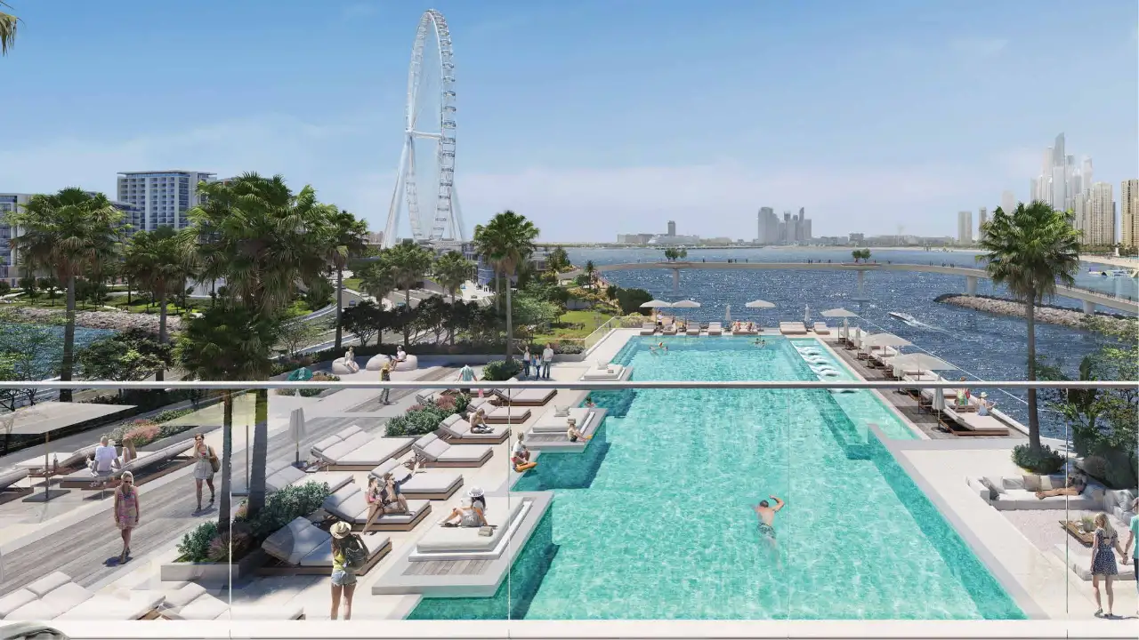 Bluewaters Bay at Bluewaters Island by Meraas waterfront swimming pool with Ain Dubai views and resort style leisure spaces in Dubai Presented by Tohid Fetrat