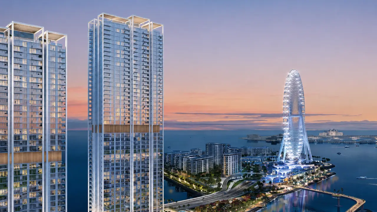 Bluewaters Bay at Bluewaters Island by Meraas residential towers overlooking Ain Dubai and the waterfront at sunset in Dubai Presented by Tohid Fetrat