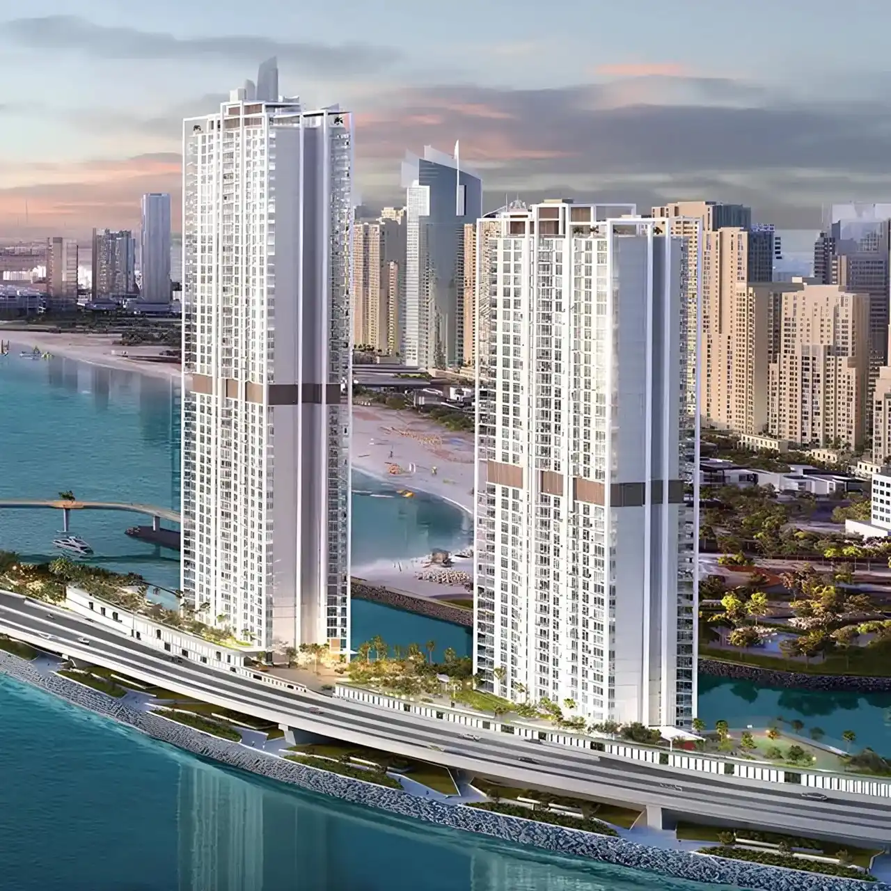 Bluewaters Bay at Bluewaters Island by Meraas twin waterfront residential towers overlooking the coastline and surrounding skyline in Dubai Presented by Tohid Fetrat