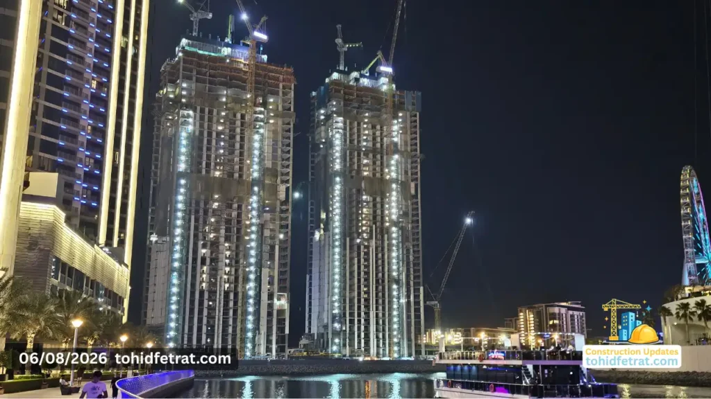 Bluewaters Bay construction progress in June 2026 with twin waterfront towers rising beside Ain Dubai on Bluewaters Island Dubai, captured by Tohid Fetrat