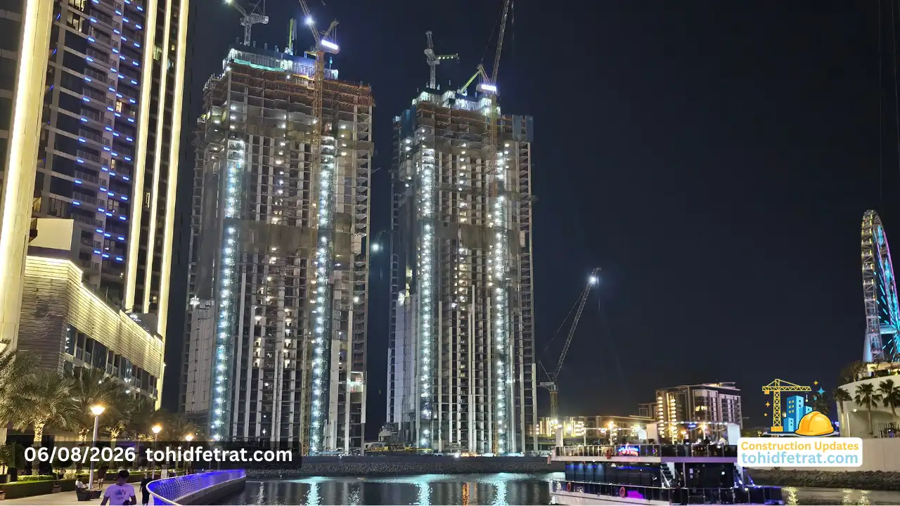 Bluewaters Bay construction progress in June 2026 with twin waterfront towers rising beside Ain Dubai on Bluewaters Island Dubai, captured by Tohid Fetrat