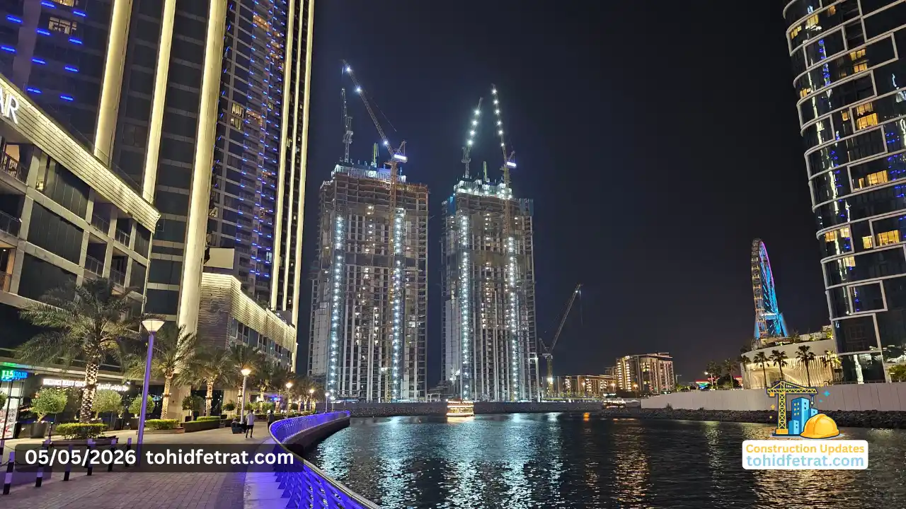 Bluewaters Bay construction progress at night overlooking the waterfront promenade and Ain Dubai on Bluewaters Island Dubai, captured by Tohid Fetrat