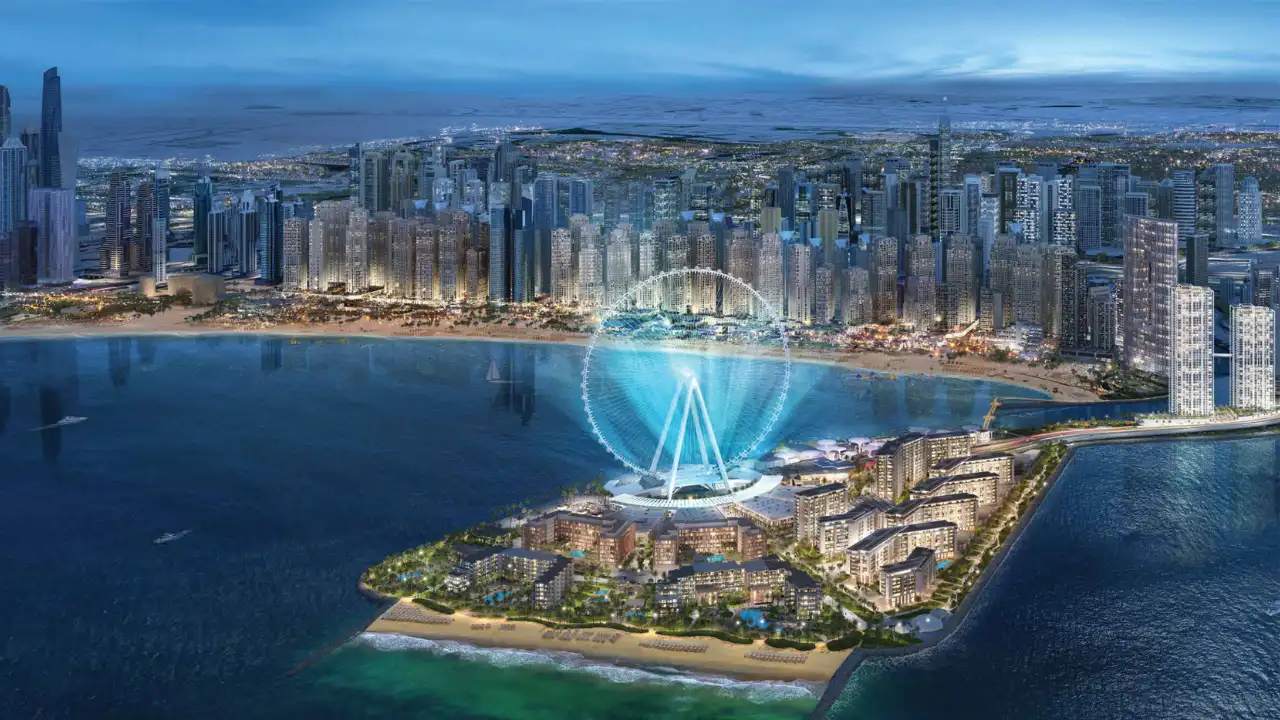 Bluewaters Island Masterplan aerial view showcasing waterfront development, Ain Dubai, beachfront promenade, and Dubai skyline Presented by Tohid Fetrat