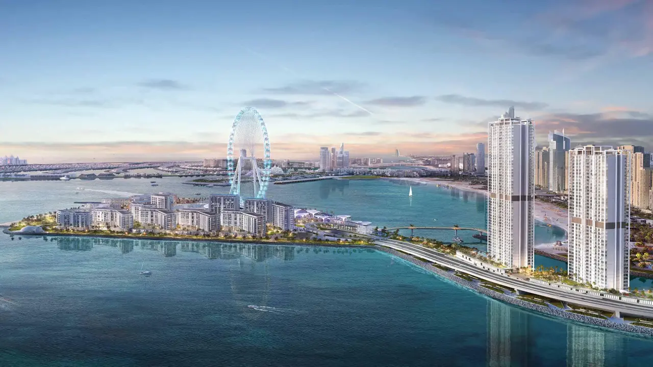Bluewaters Island waterfront skyline featuring Ain Dubai, coastal residences, turquoise waters, and Dubai beachfront views Presented by Tohid Fetrat