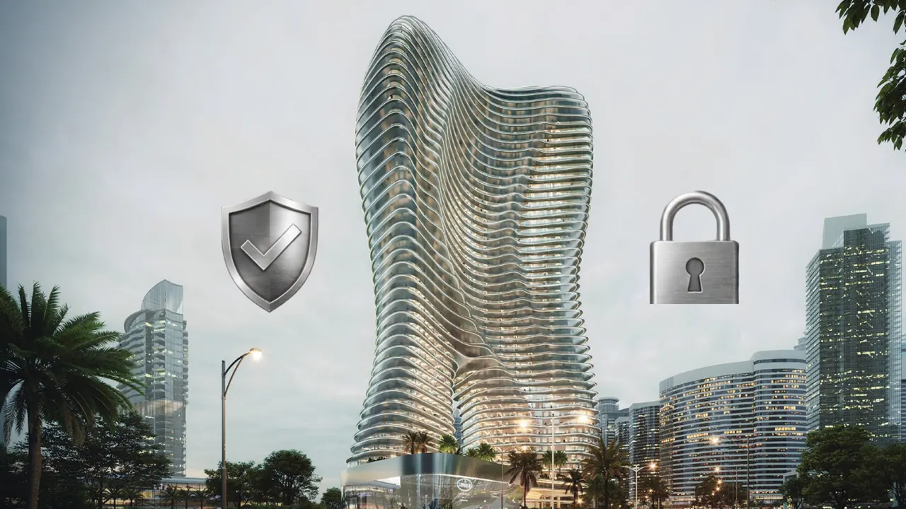 Bugatti Residences tower in Business Bay with escrow account security icons representing protected property purchase funds Presented by Tohid Fetrat