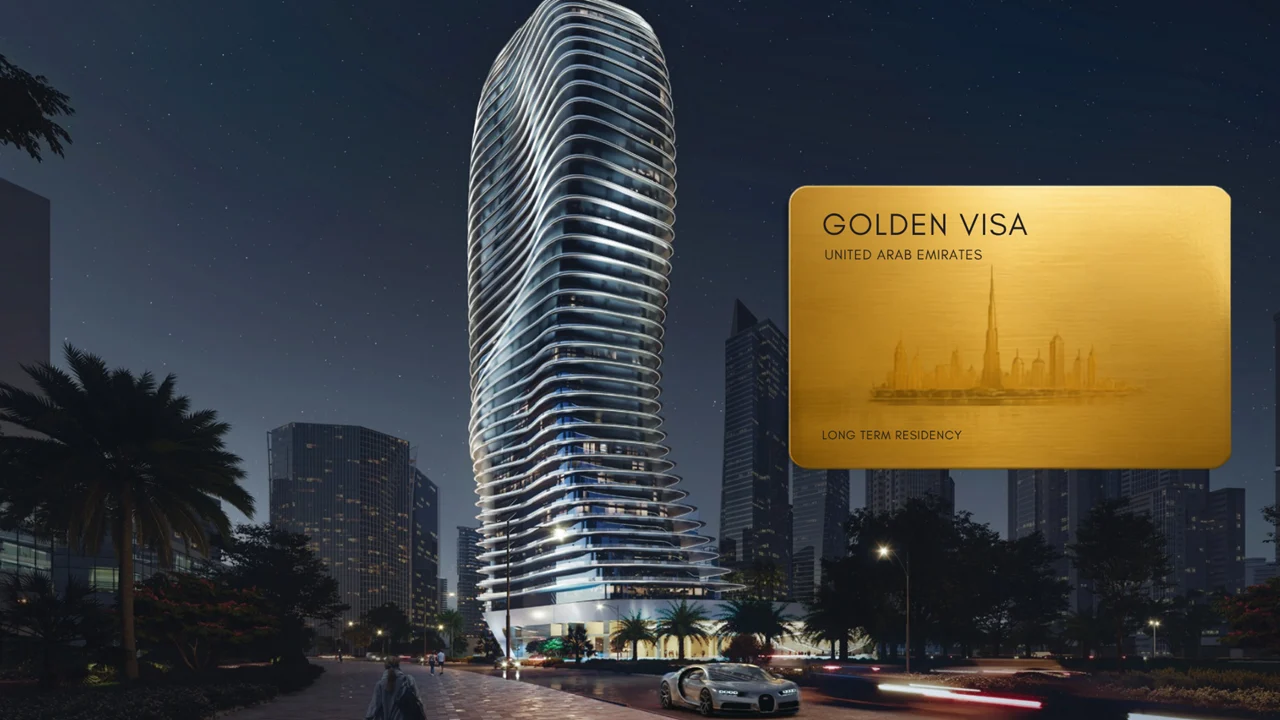Bugatti Residences tower in Business Bay with a United Arab Emirates Golden Visa card representing potential long term residency opportunities Presented by Tohid Fetrat
