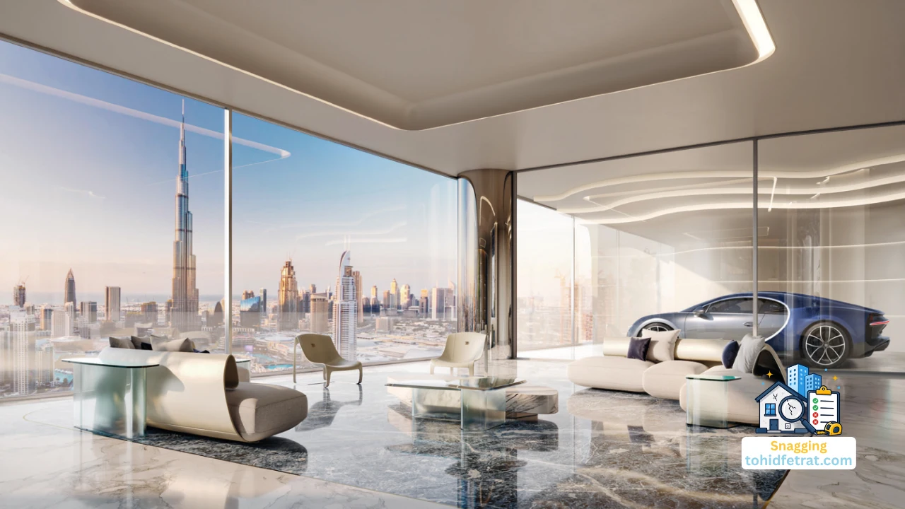Luxury living room interior at Bugatti Residences in Business Bay illustrating why an independent inspection protects Bugatti Residences buyers before handover Presented by Tohid Fetrat