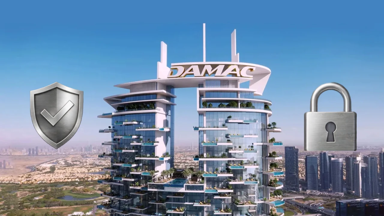 Cavalli Tower by DAMAC Escrow Account security concept with protection shield lock icon and luxury tower in Dubai - Presented by Tohid Fetrat