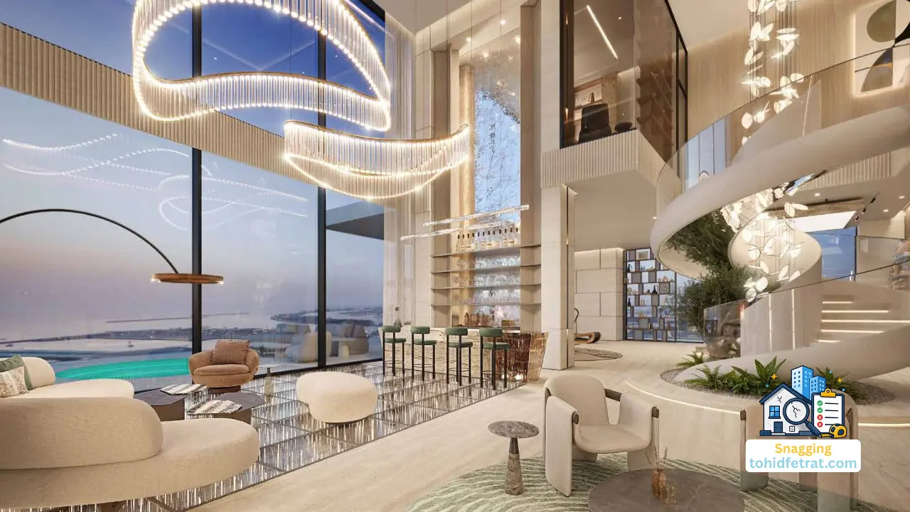 Why an Independent Inspection Protects Cavalli Tower Buyers featuring a luxury duplex interior with panoramic Dubai views. Presented by Tohid Fetrat