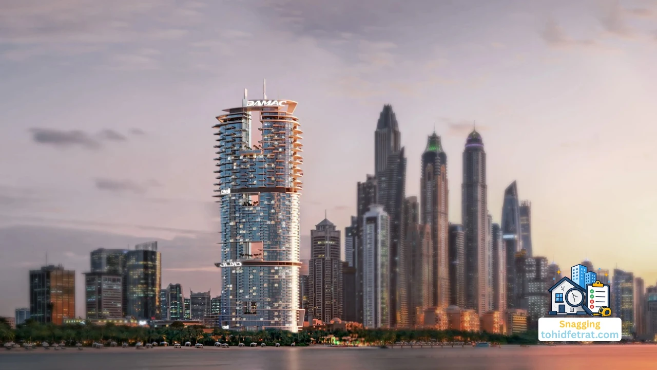 Cavalli Tower by DAMAC during snagging inspection overlooking the Dubai skyline. Presented by Tohid Fetrat
