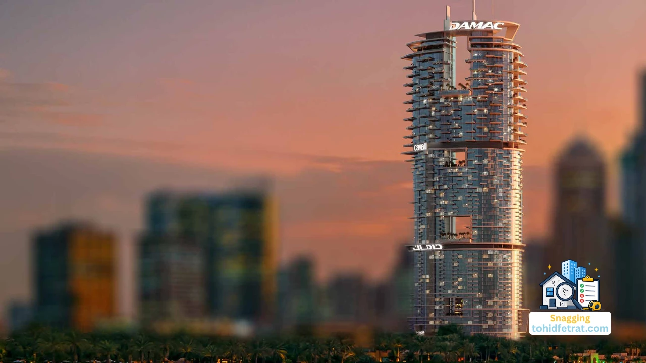 Why Snagging Matters at This Stage of Cavalli Tower by DAMAC featuring the luxury high rise against the Dubai skyline. Presented by Tohid Fetrat
